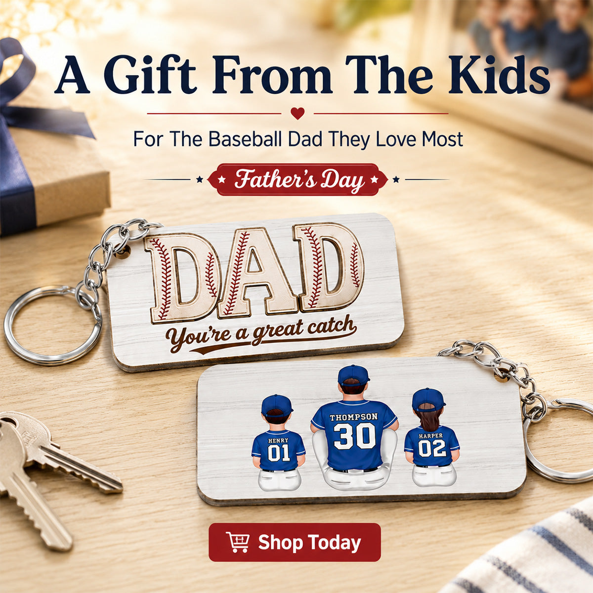 Dad We Love You Baseball Man & Kids Sitting - Personalized Wooden Keychain - Father's Day Gift For Basketball Dad