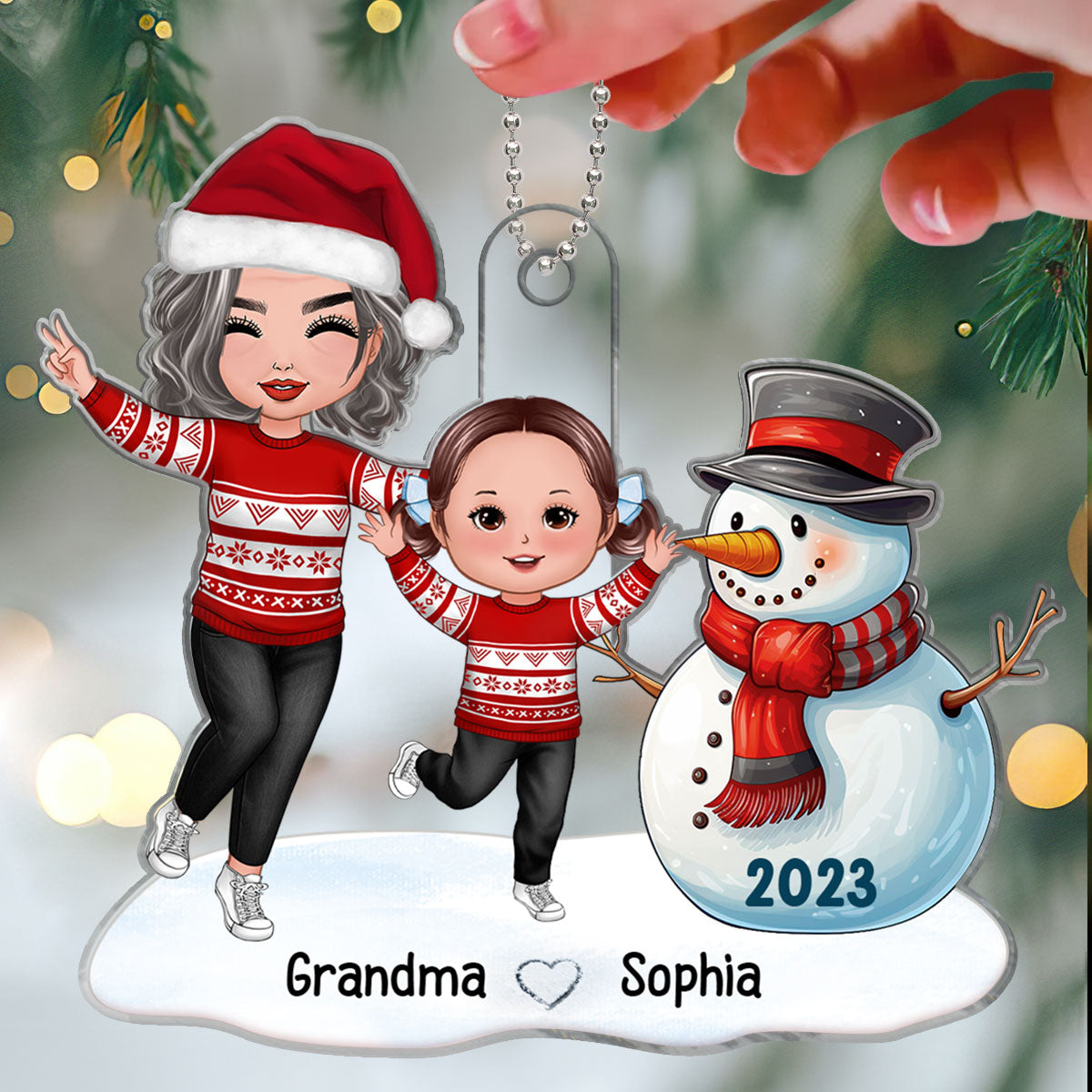 Happy Grandma Grandkid Building Snowman Gift For Grandson Granddaughter Personalized Acrylic Ornament