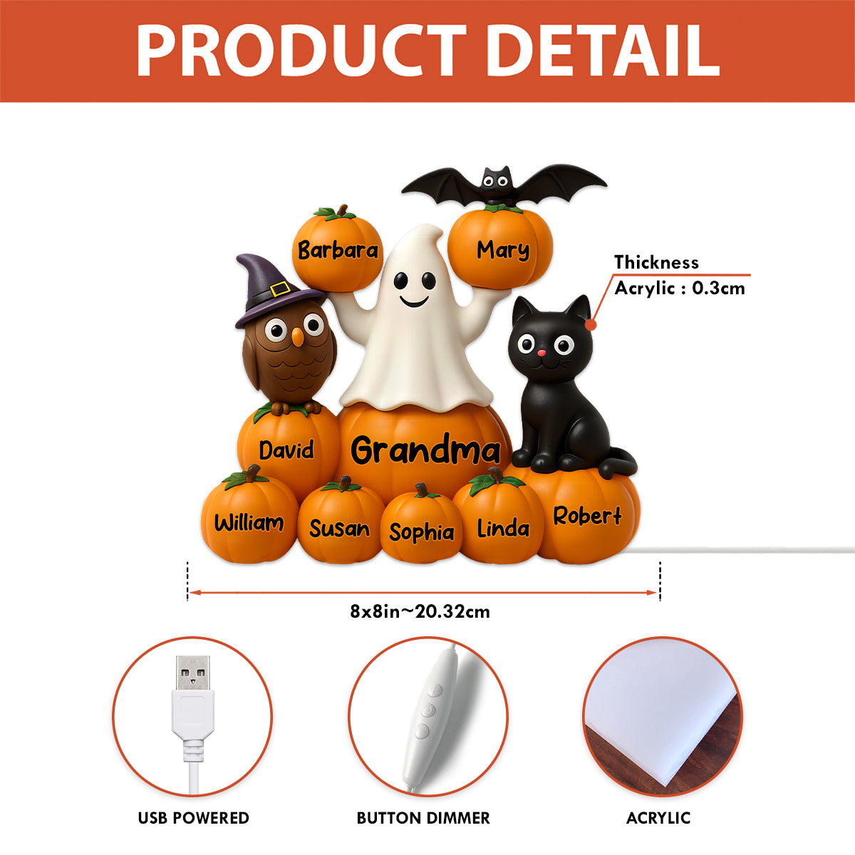 3D Effect Halloween Grandma Pumpkins Kids Names Personalized LED Light Box