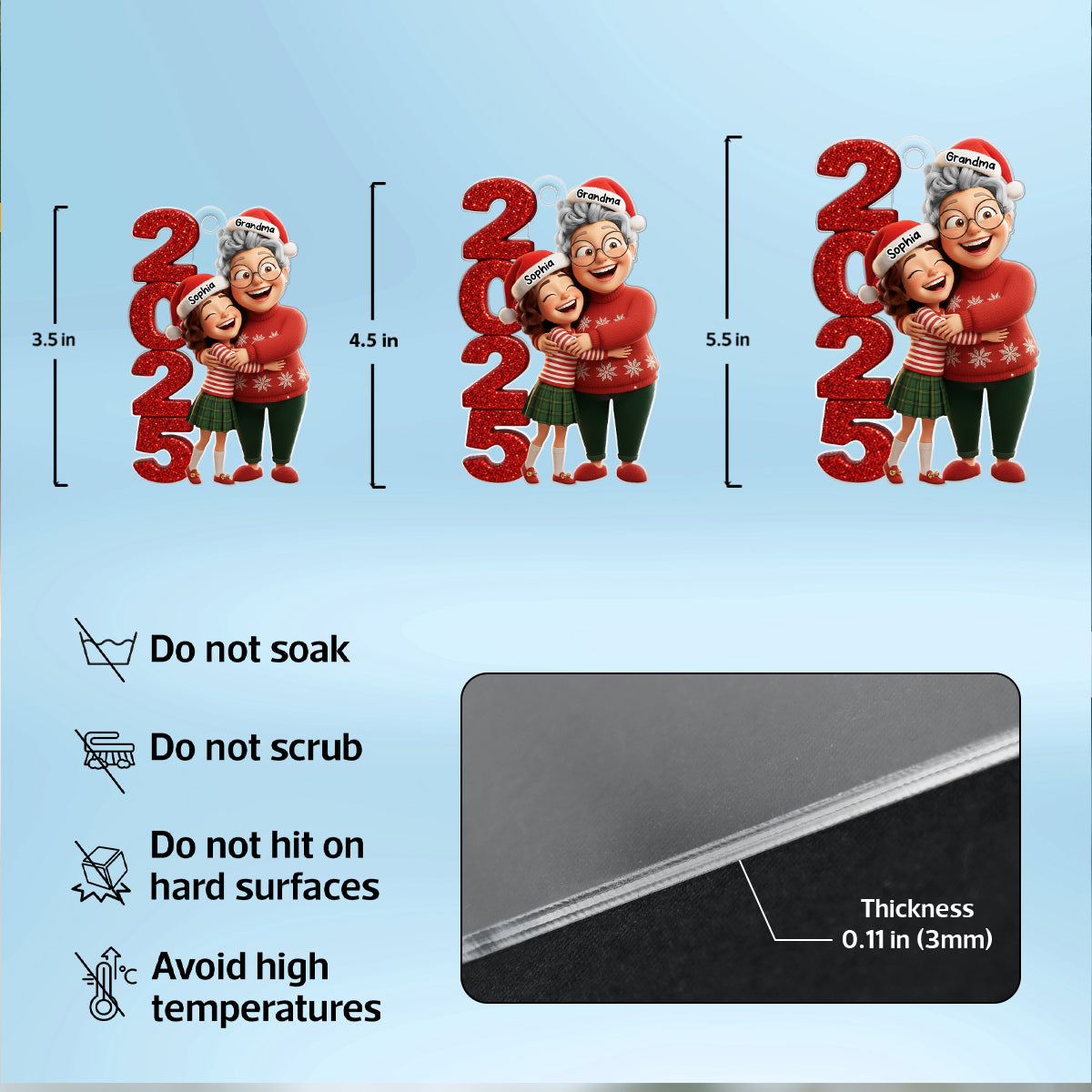 3D Glitter Effect Happy Grandma Hugging Grandkid 2025 - Personalized Acrylic Ornament - Christmas Gift for Grandma, Grandkid