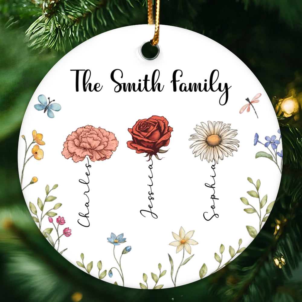 Family Birth Flower Personalized Ceramic Ornament, Christmas Gift For Family, Daughter, Son