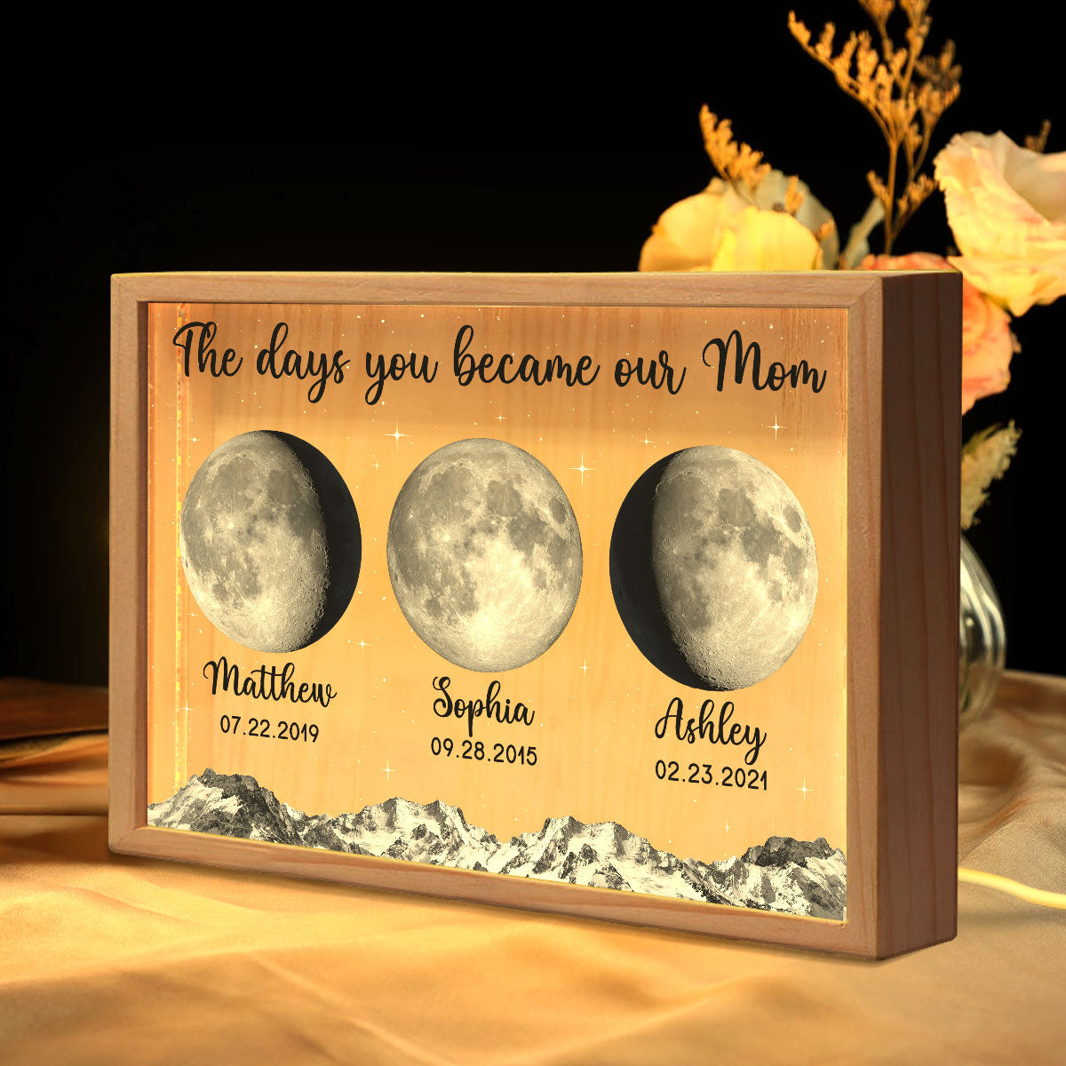 The Day You Became Mom Grandma Custom Birth Moon Phase Personalized Wooden Frame Light Box, Gift
