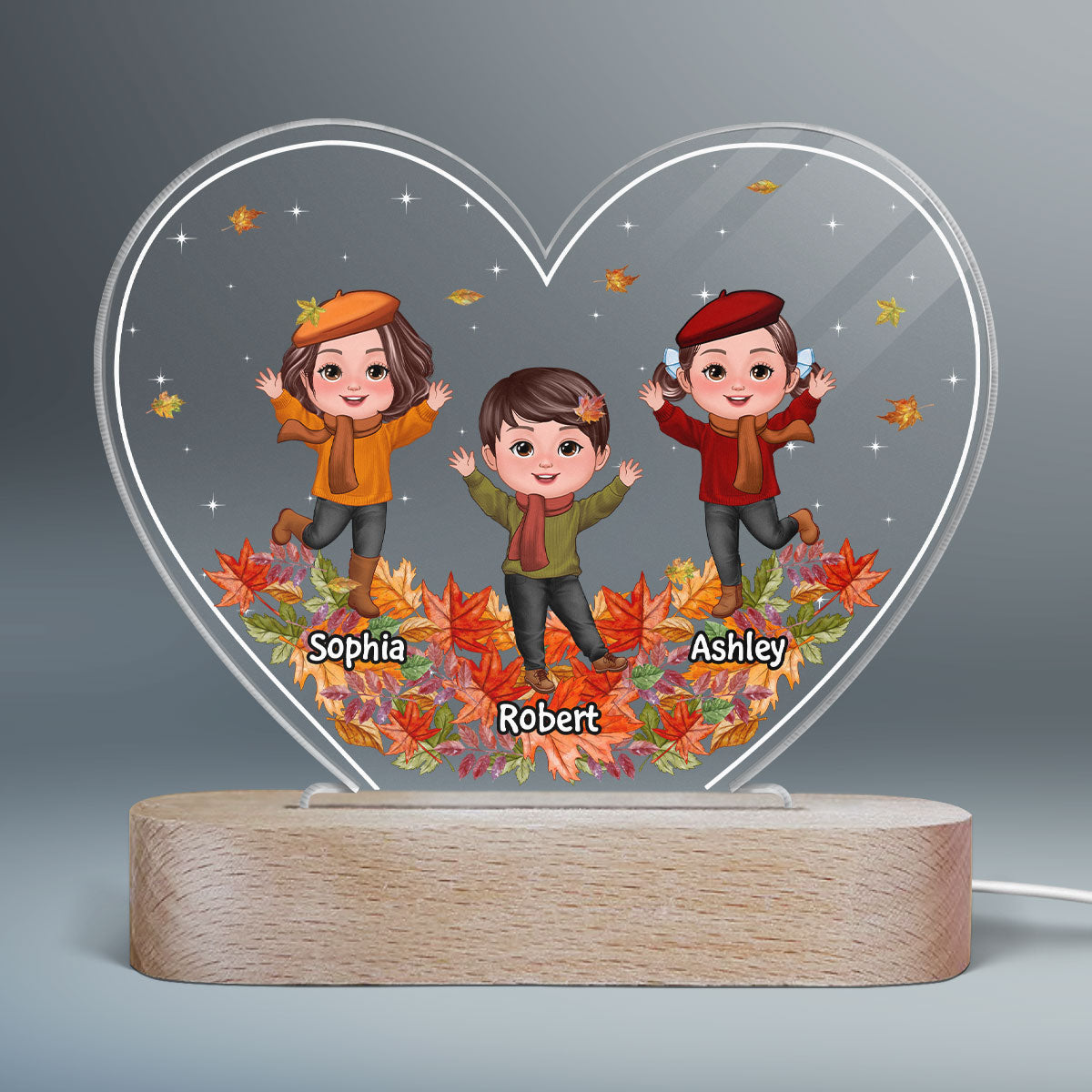 Happy Doll Kids Playing Fall Leaves Personalized Acrylic Heart LED Night Light