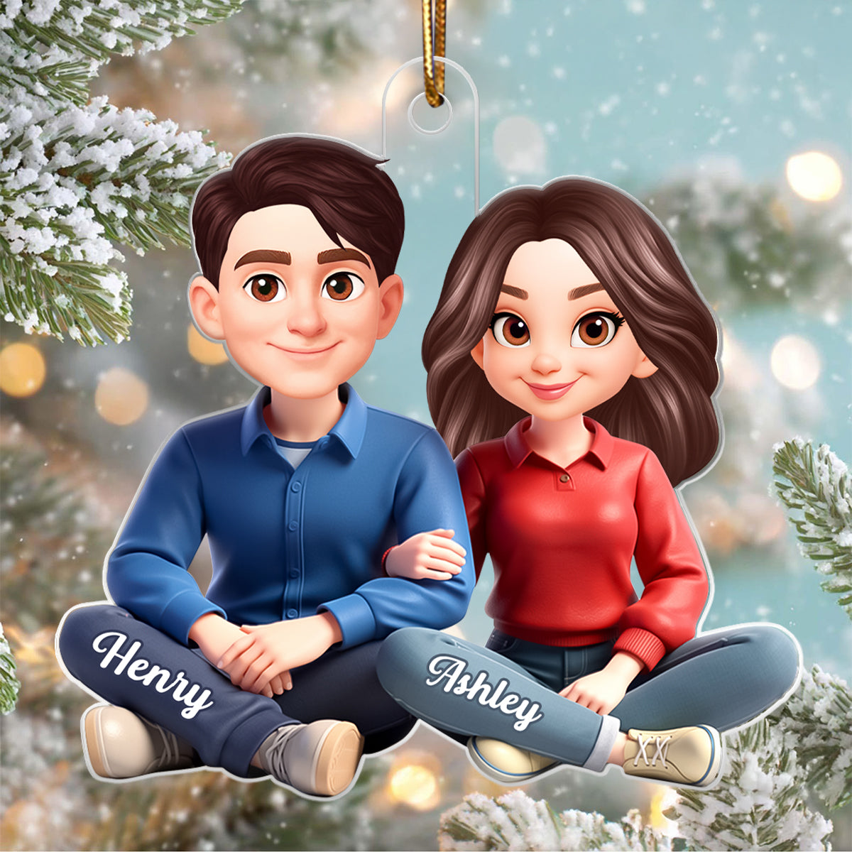 Loving Cartoon Couple Sitting Together - Personalized Acrylic Ornament - Christmas Gift for him, Gift for her