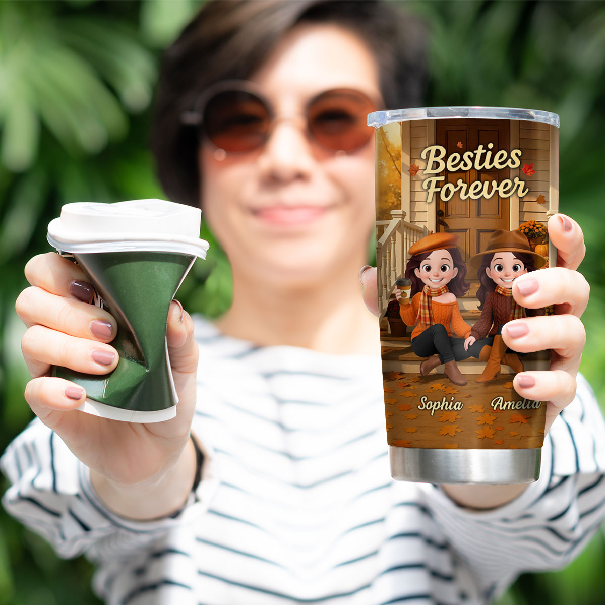 Fall Vibe Besties Sitting On Cozy Theme Front Porch Personalized Tumbler