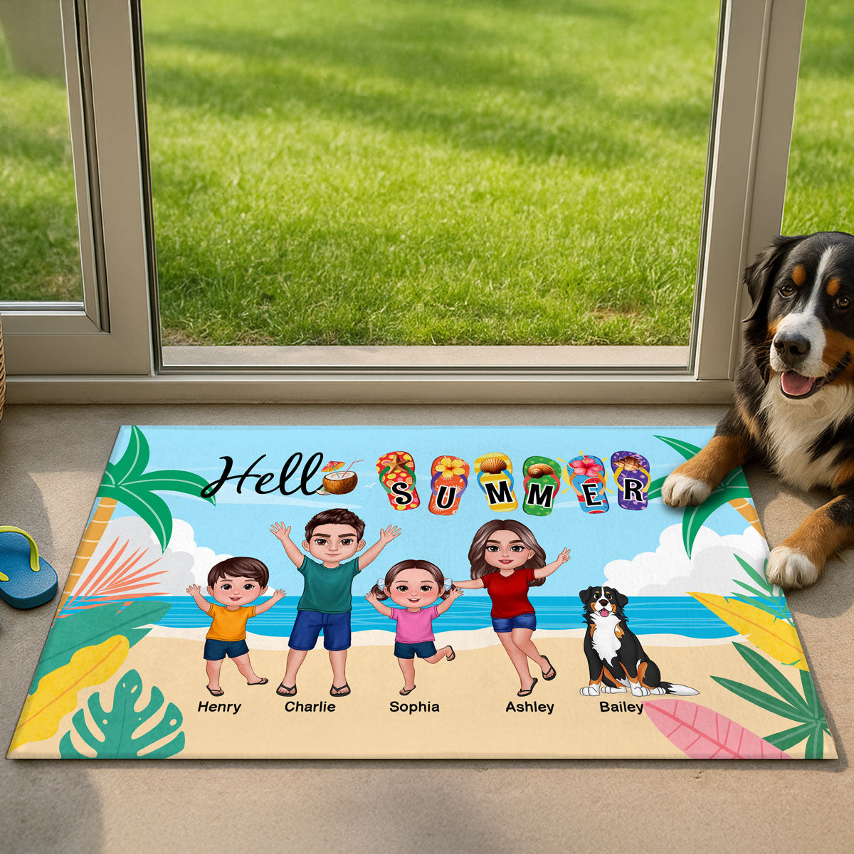 Hello Summer Beach Landscape Family Personalized Doormat, Summer Decoration