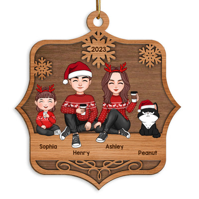 Cute Family Sitting Family Name Personalized Wooden Ornament