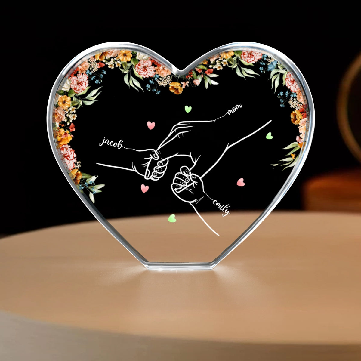 Personalized Name Mom And Kid Hands Premium Crystal Heart LED, A Timeless Treasure for Mom, Free Shipping Included