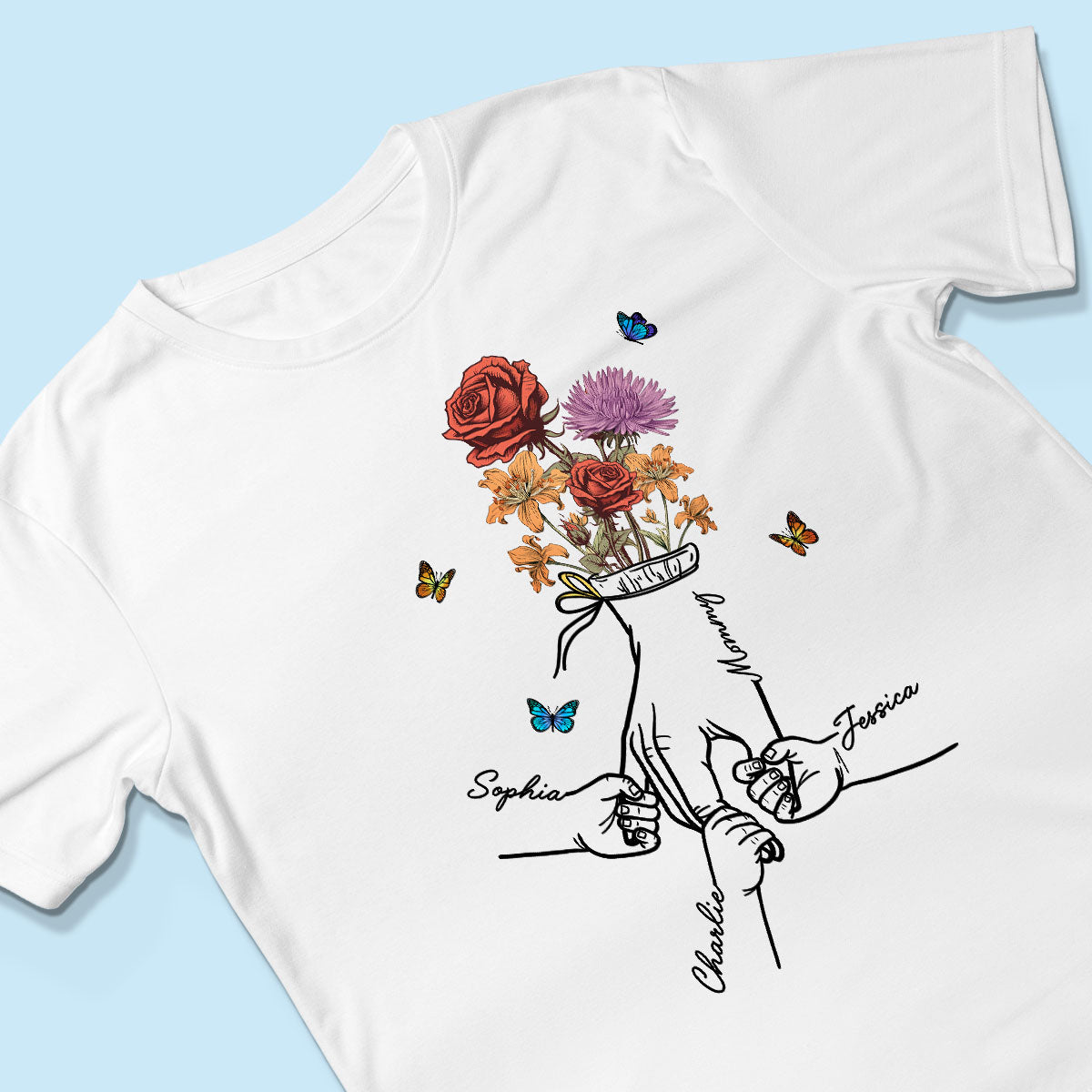 Holding Mom Grandma Hand Birth Month Flowers Personalized Shirt