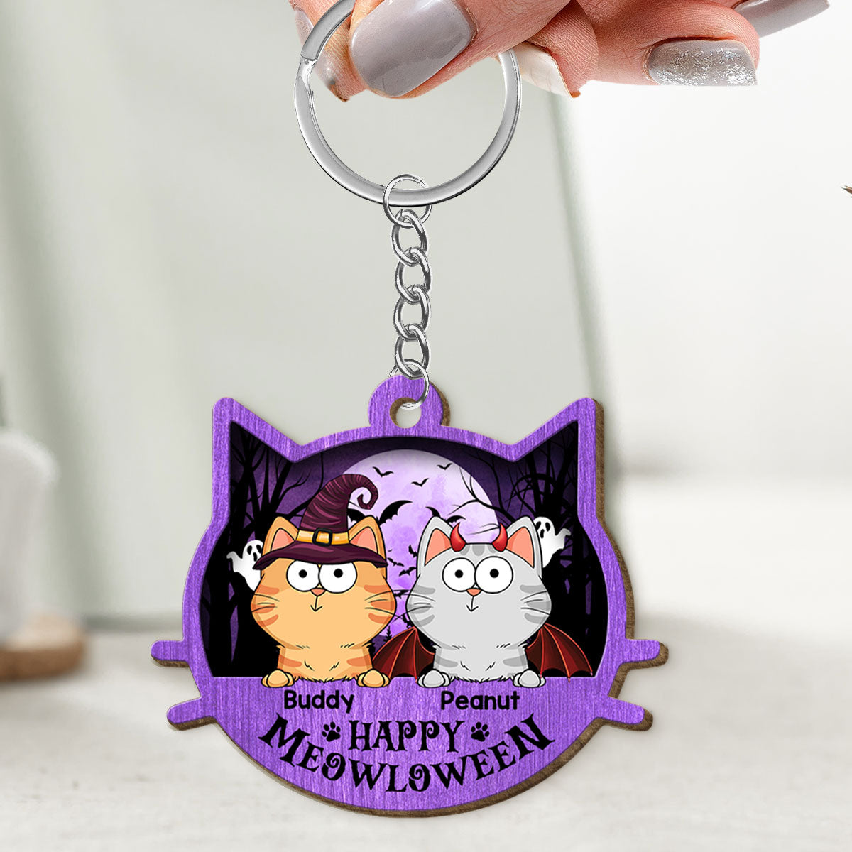 Halloween Cat Face Fluffy Cat Personalized Wooden Keychain