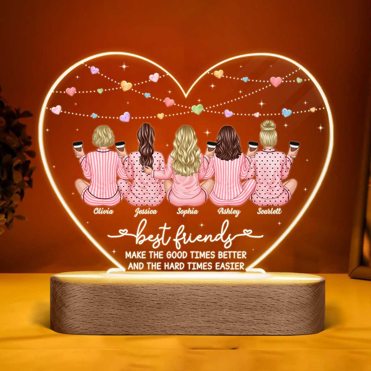 Back View Pajamas Besties Personalized Acrylic Heart LED Night Light, Gift For Best Friends, BFF
