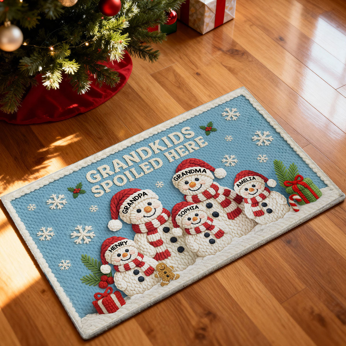 Grandma Grandpa Grandkids Snowman Crochet Faux Yarn Texture - Personalized Doormat - Christmas Decoration