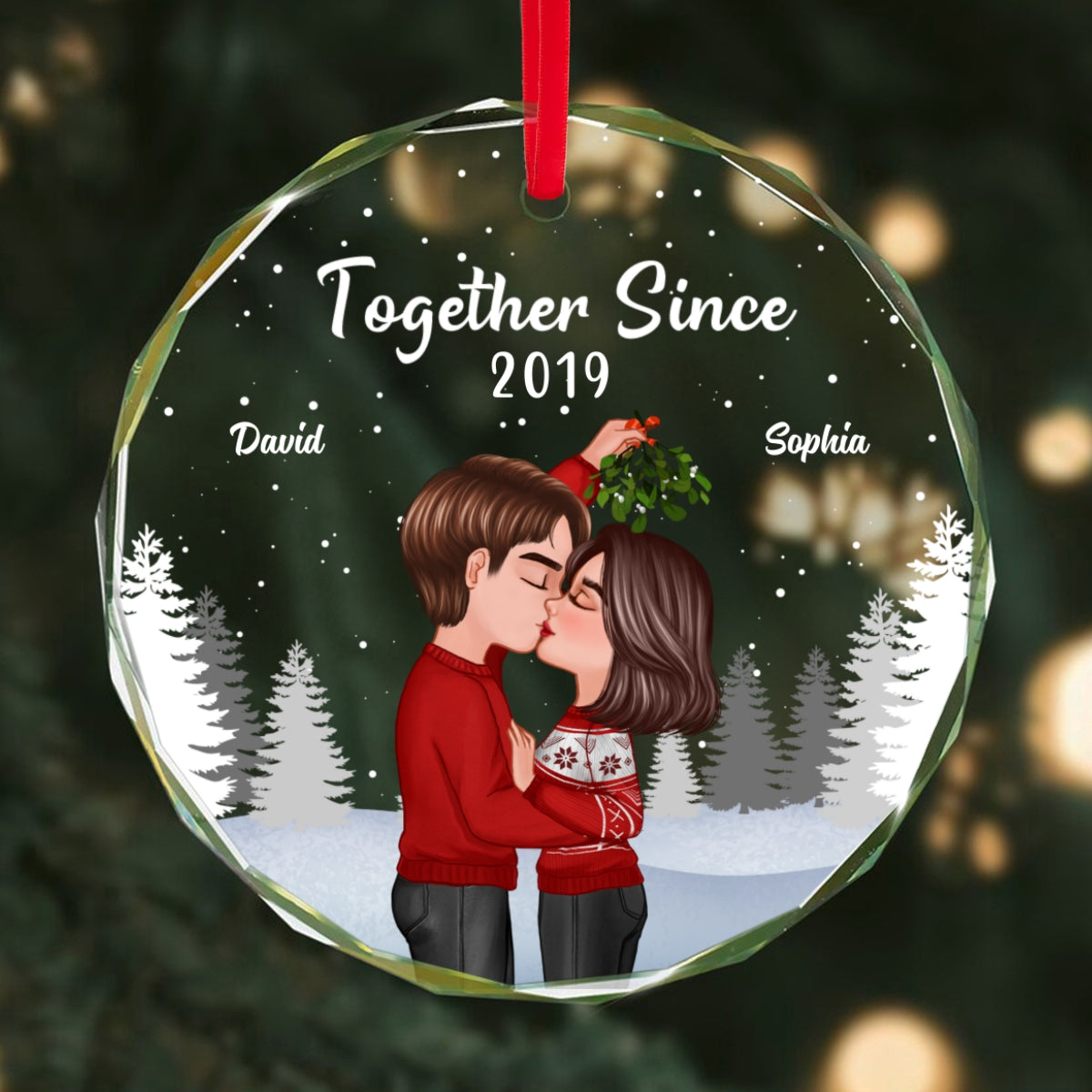 Couple Kissing Under Mistletoe Christmas Night Personalized Glass Ornament