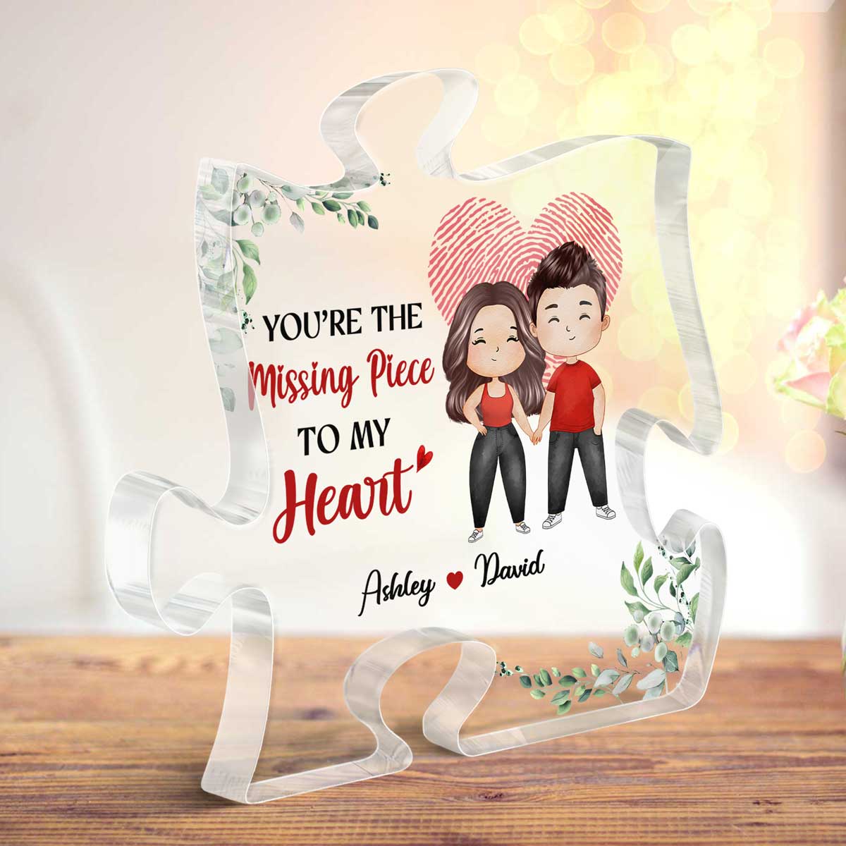The Missing Piece Watercolor Couple Heart Fingerprint Personalized Puzzle Acrylic Plaque