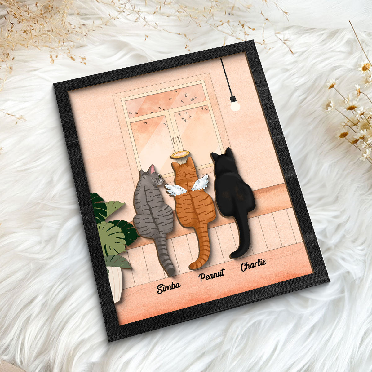 Cat Portrait Print Looking At Birds Outside Window Personalized 2-Layer Wooden Plaque