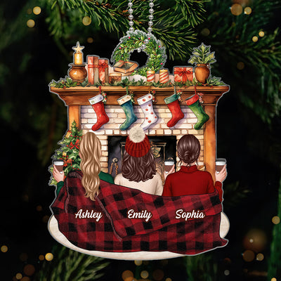 Besties Sisters Sitting Front Fireplace Personalized Acrylic Ornament