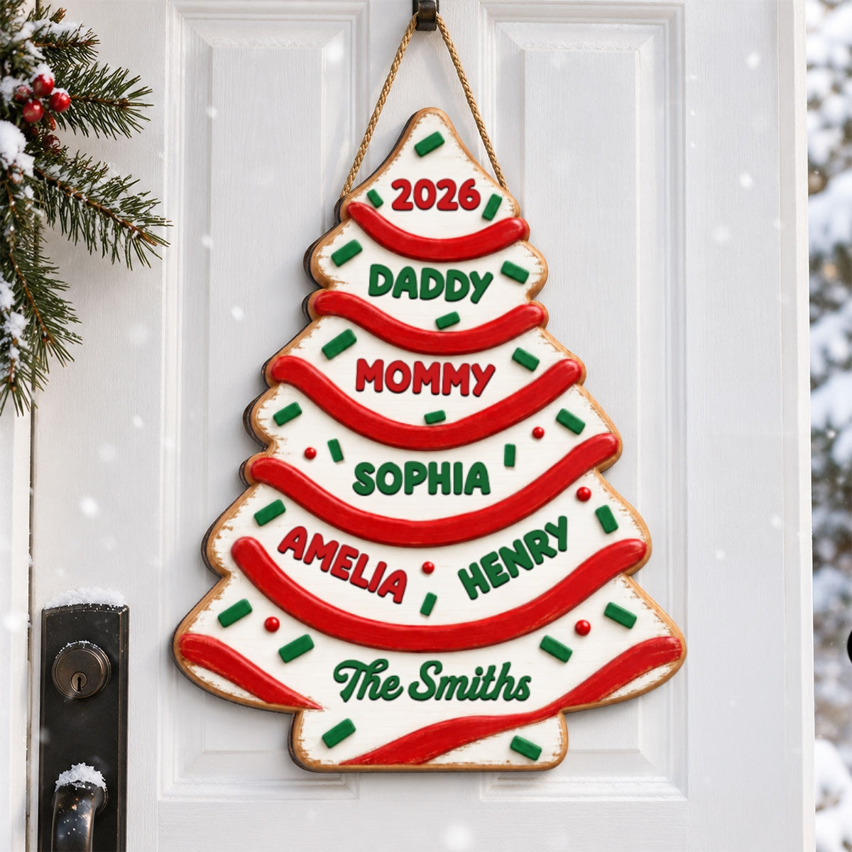 Custom Family Name Christmas Tree Cake - Personalized Wooden Door Sign - Christmas Decor