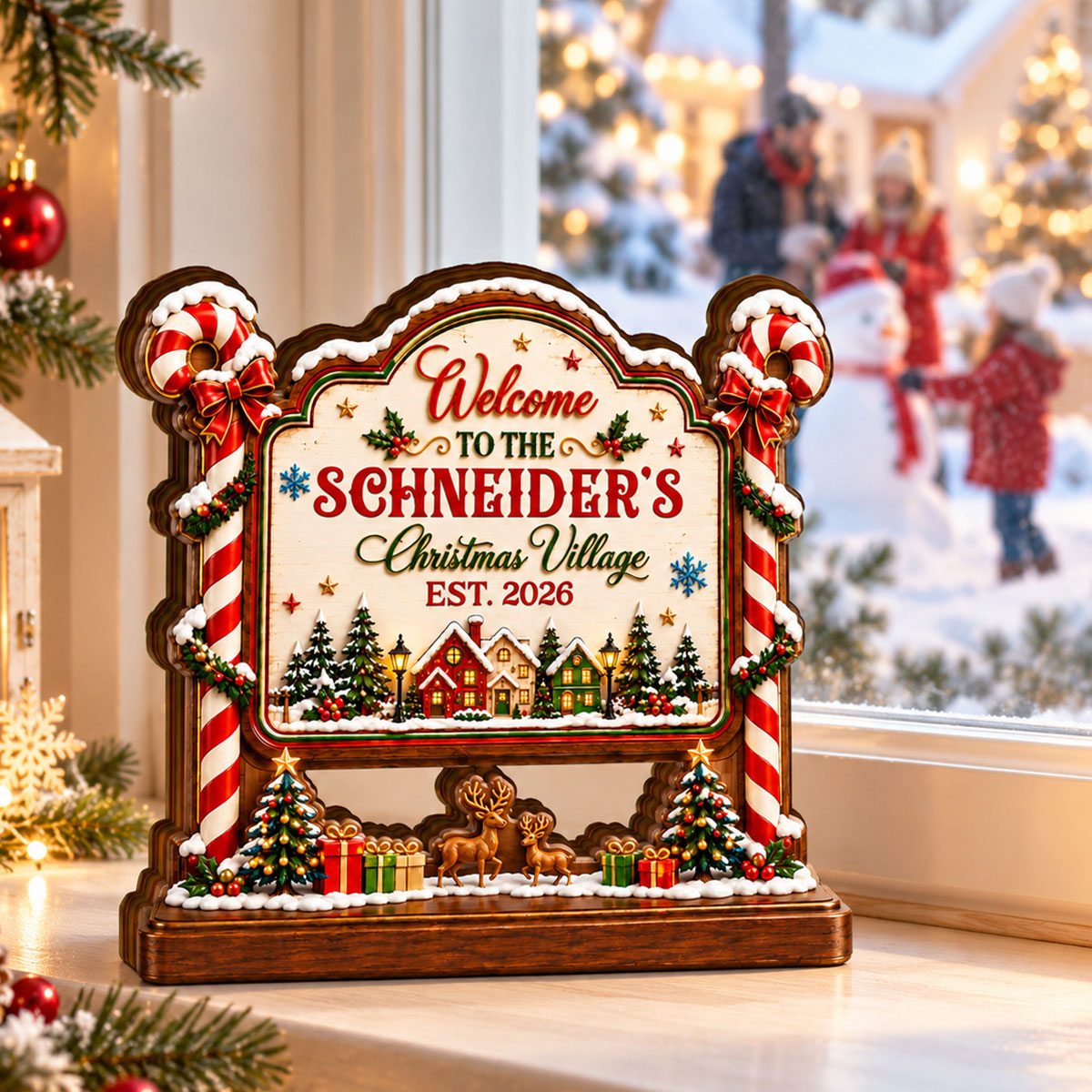 Candy Cane Christmas Village Holiday Decor - Personalized Wooden Block Plaque - Christmas Gift for Family, Parents & Grandparents.