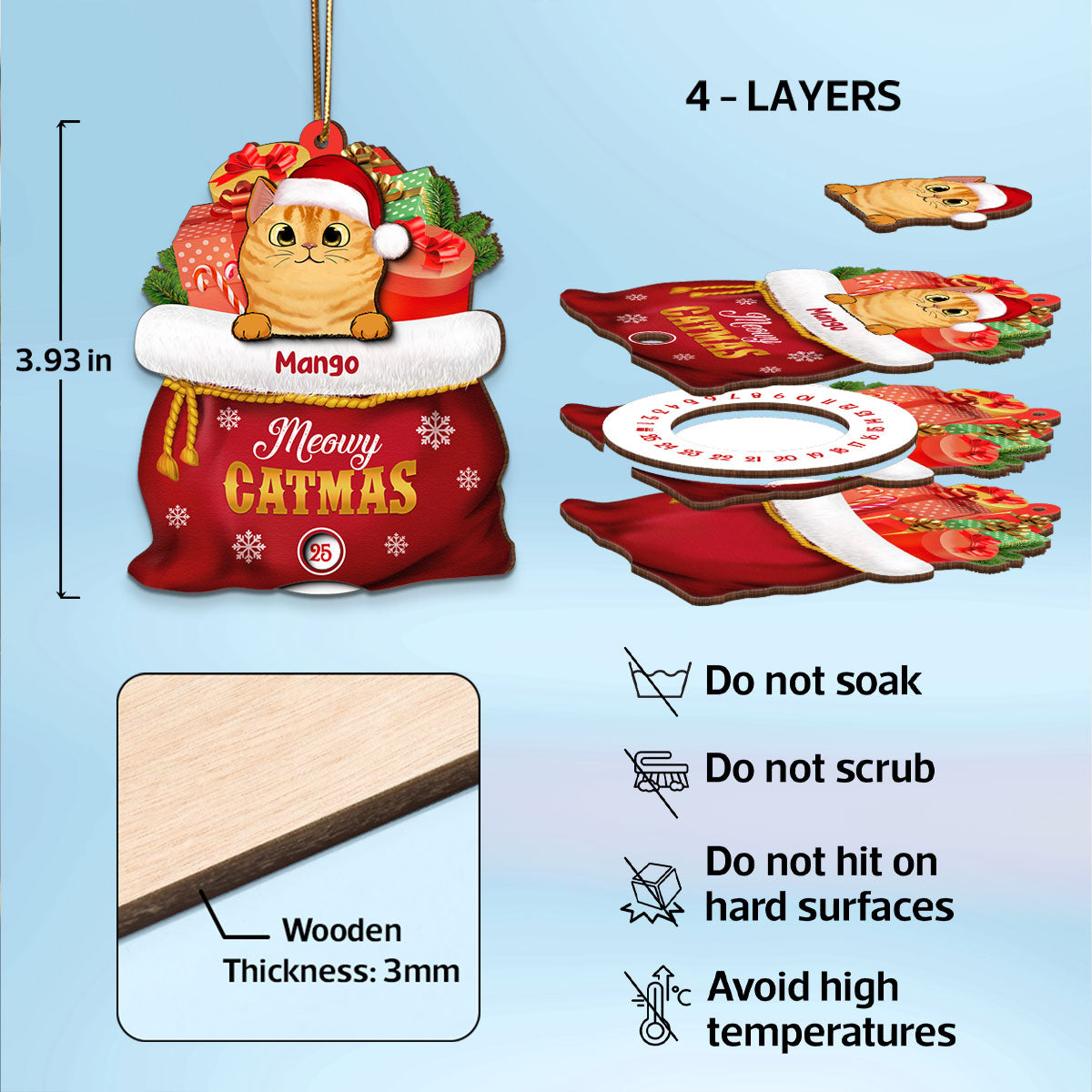 Christmas Peeking Dogs Cats In Santa Gift Bag Personalized Wooden Countdown Ornament, Xmas Gift For Dog Cat Owners, Dog Cat Lovers