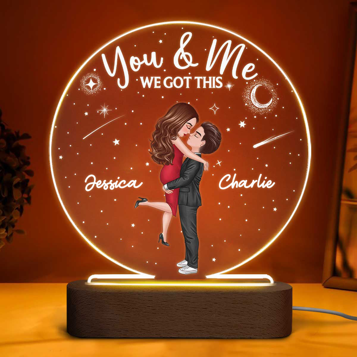 Doll Couple Hugging Kissing Personalized Circle Acrylic Plaque With LED Night Light - Anniversary Gift For Her - Gift For Him