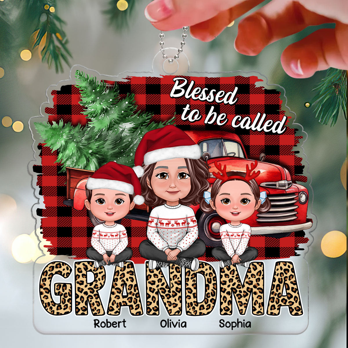 Grandma Grandkids Crossed Legs Leopard Text Checkered Pattern Background Personalized Acrylic Ornament