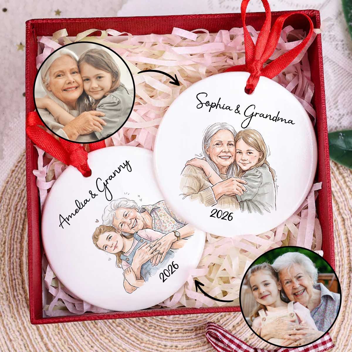 Custom Photo Grandma Grandkid Watercolor Style - Personalized Ceramic Ornament - Christmas Gift For Grandkids, Grandma