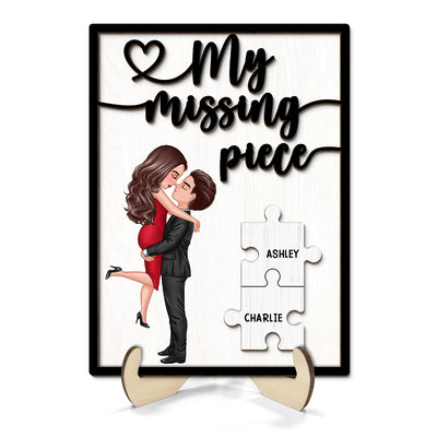 My Missing Piece Hugging Kissing Couple - Personalized 2-Layered Wooden Plaque - Anniversary Gift For Couple, For Dad Mom