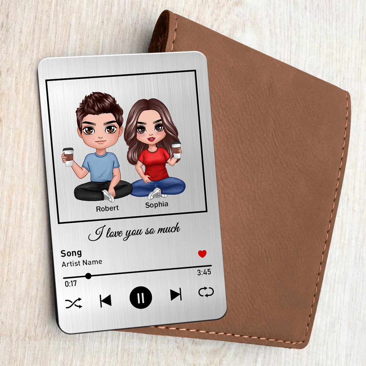 Doll Couple Sitting Favorite Love Song Personalized Metal Wallet Card