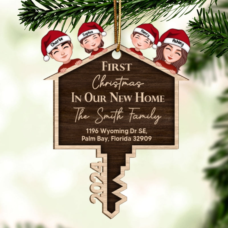First Christmas In Our New Home Personalized Wooden Ornament, House Key Ornament For Christmas