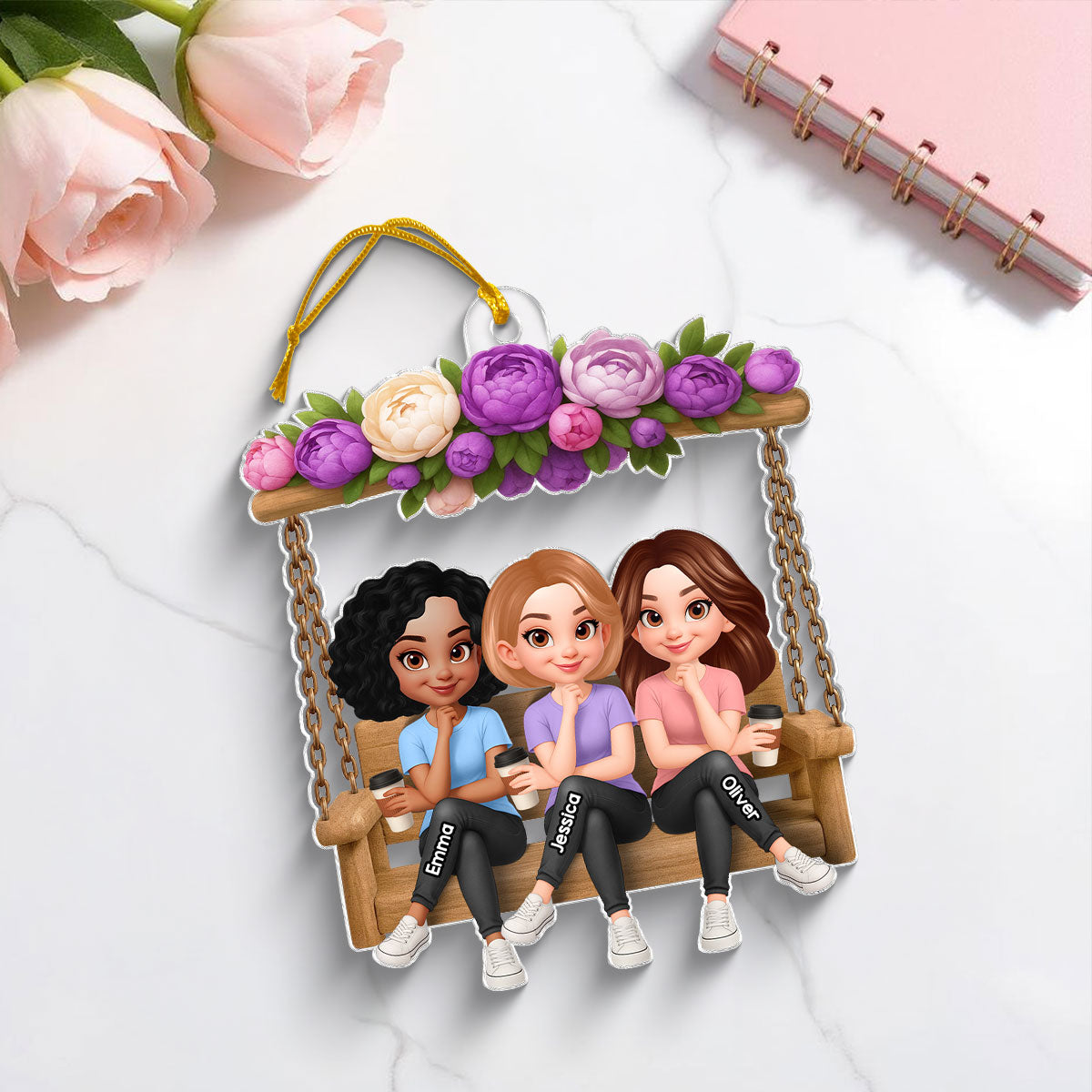 Christmas Besties Sisters On Flower Swing - Personalized Acrylic Ornament