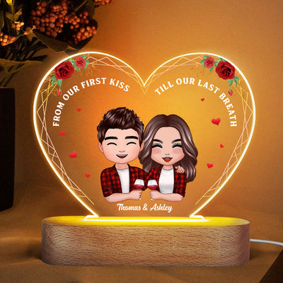 Roses Doll Couple Hugging Holding Drinks Personalized Heart Acrylic Plaque LED Night Light