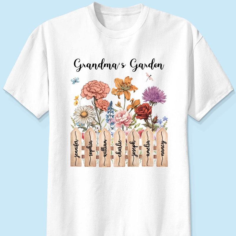 Grandma Birth Month Flower Garden Grandkids Names On Fence Personalized Shirt, Mother's Day gift for Mom, for Grandma
