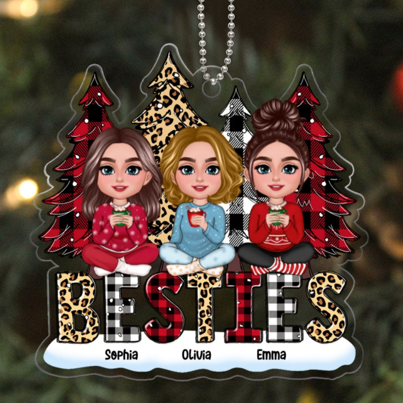 Leopard Checkered Pattern Christmas Tree Besties Sisters Personalized Acrylic Ornament