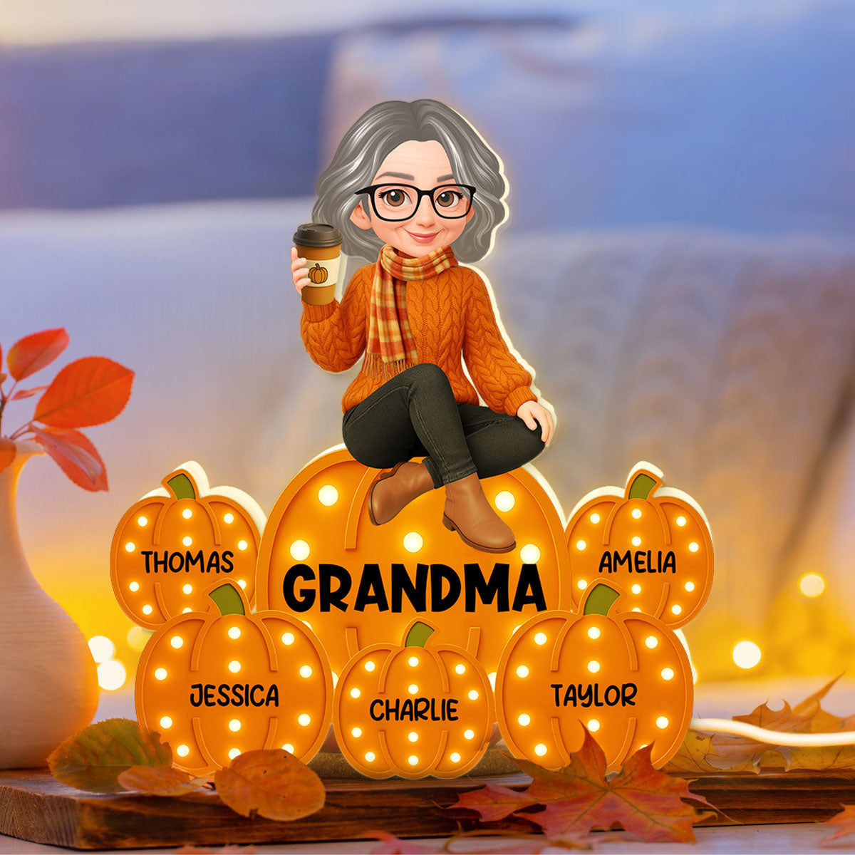Fall Season Grandma Marquee Pattern Texture Pumpkins Kids Names Personalized LED Light Box