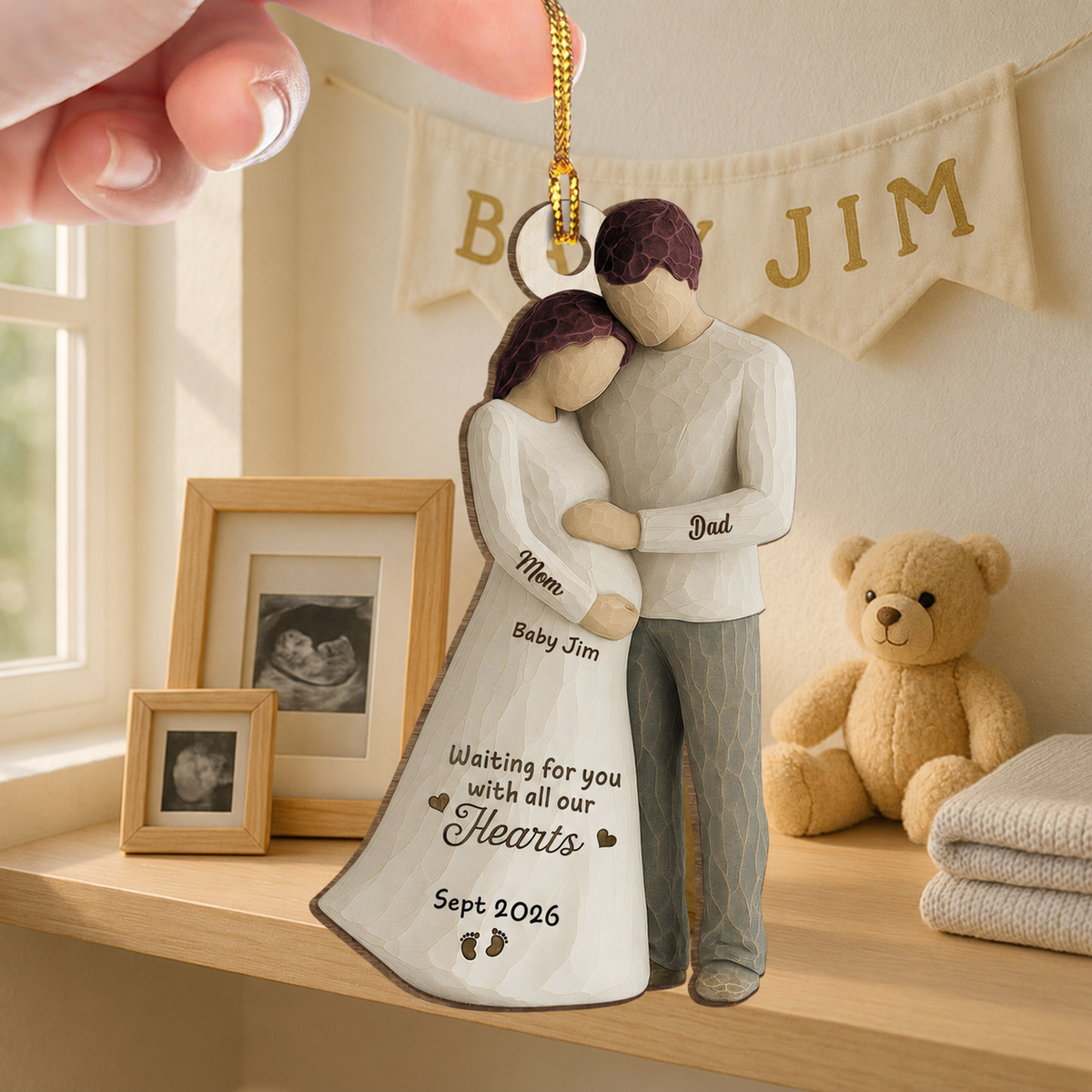 2D Flat Waiting For You With All Our Hearts Couple Expecting Baby - Personalized Wooden Ornament, Baby Shower Gift For Parents-to-be