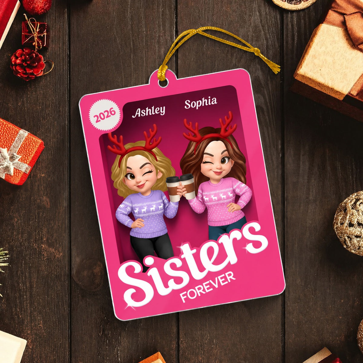 Christmas Besties Forever Pink 3D Effect Action Figure Personalized Acrylic Ornament