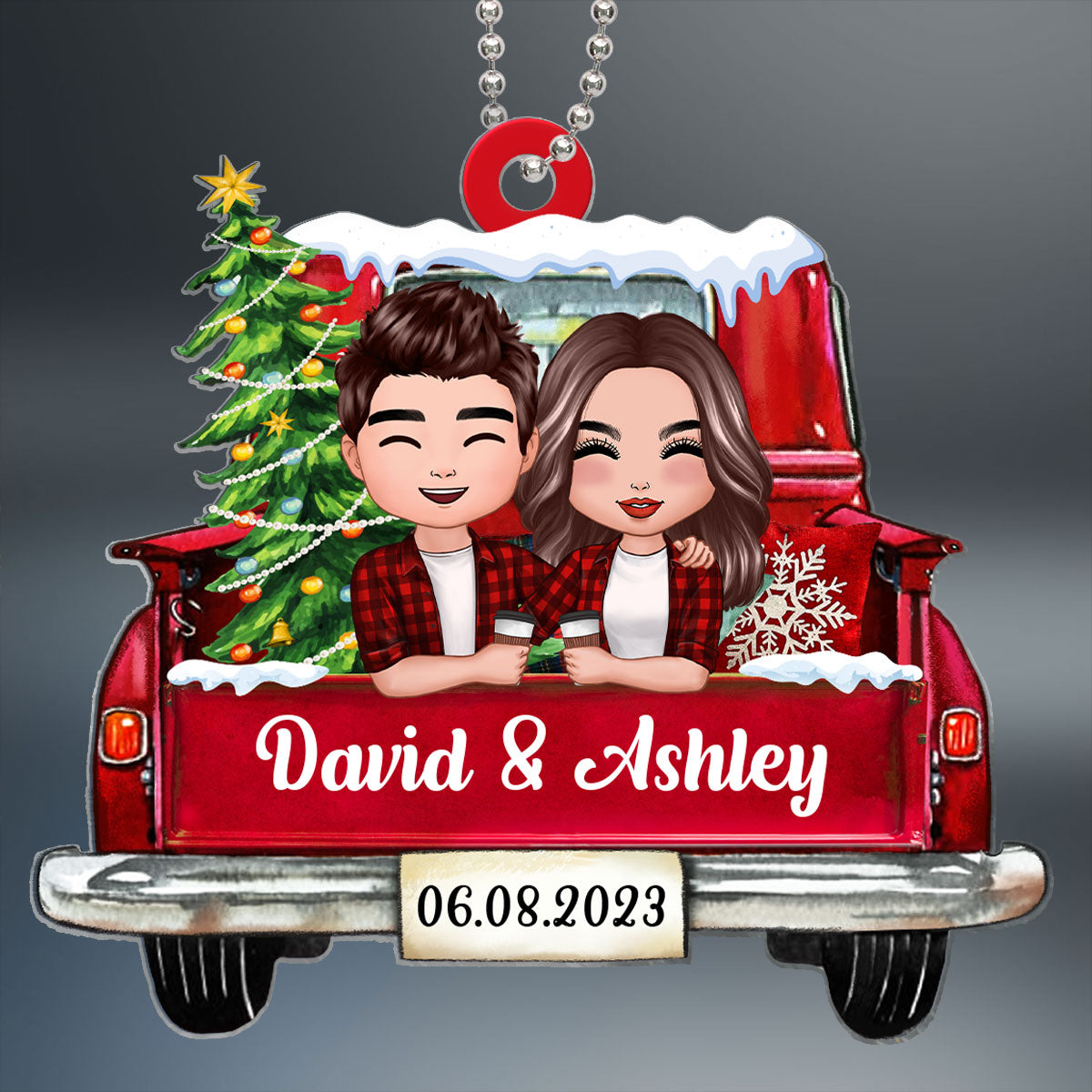 On Christmas Truck Doll Couple Hugging Holding Drinks Personalized Acrylic Ornament