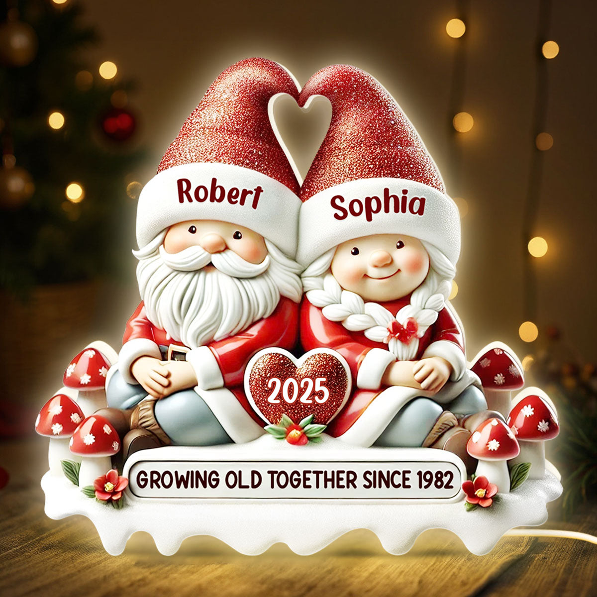 3D Effect Gnome Couple Growing Old Together Christmas - Personalized Light Box