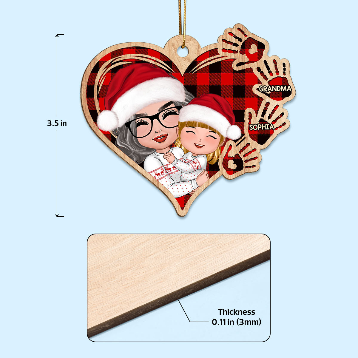 Grandma Mom Hugging Kid Checkered Pattern Heart Handprints Personalized Wooden Ornament