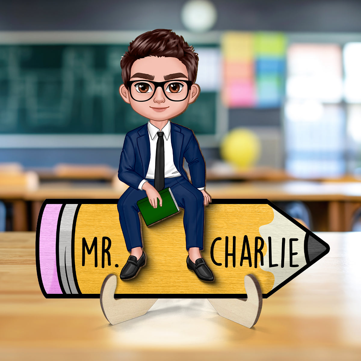 Doll Teacher Sitting On Pencil - Personalized 2-Layered Wooden Plaque - Gift For Teacher