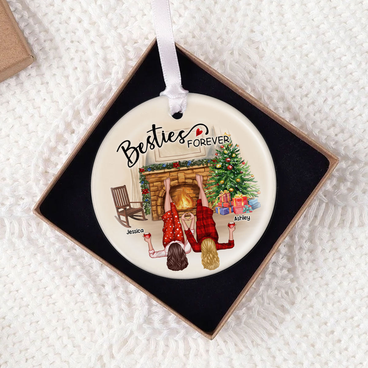 Sisters Besties By The Fireplace Personalized Ceramic Ornament, Christmas Gift for Besties, Sisters