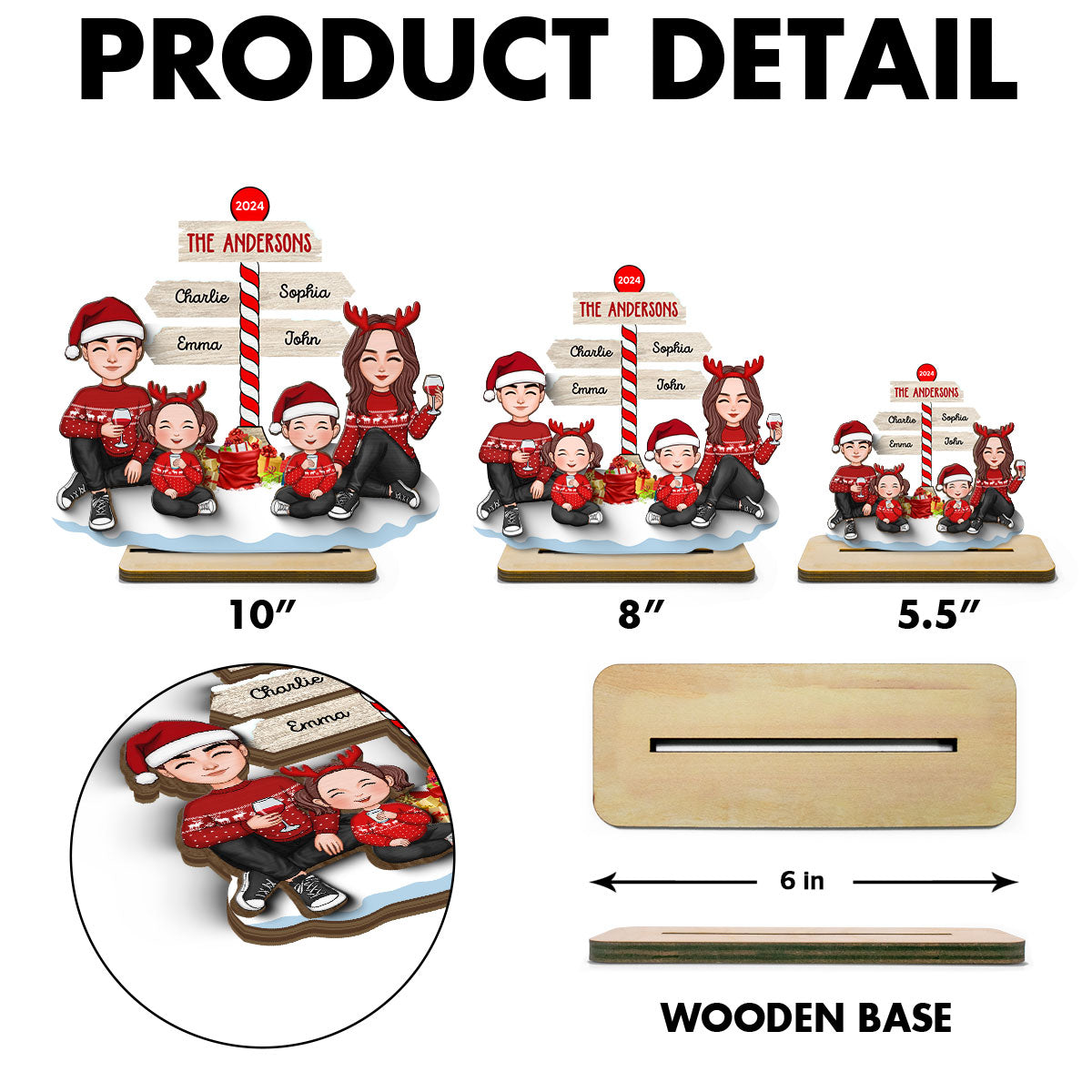 Cute Family Dad Mom Kids Sitting Christmas North Pole Personalized 2-Layer Standing Wooden Plaque