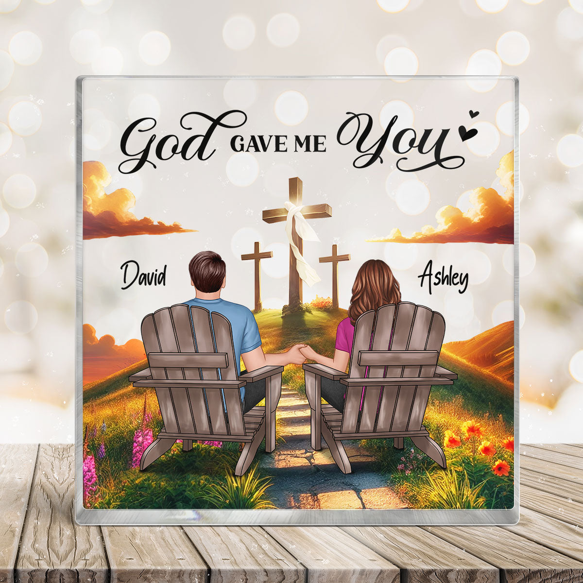 Cross God Knew My Heart Needed You Old Couple Sitting Together Personalized Acrylic Block Plaque, Anniversary  Gift For Him, Her, Husband, Wife