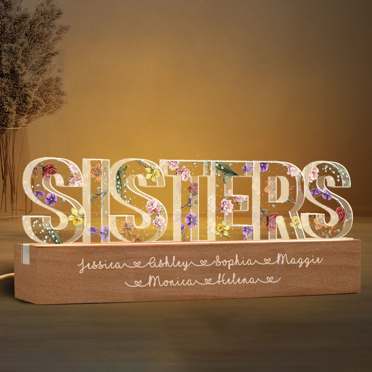 Sisters Birth Month Flower Personalized Acrylic LED Night Light, Birthday Christmas Gift For Sisters