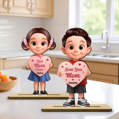 Kid Holding Heart - Personalized 2-Layered Wooden Plaque - Mother's Day Gift for Mom, Wife