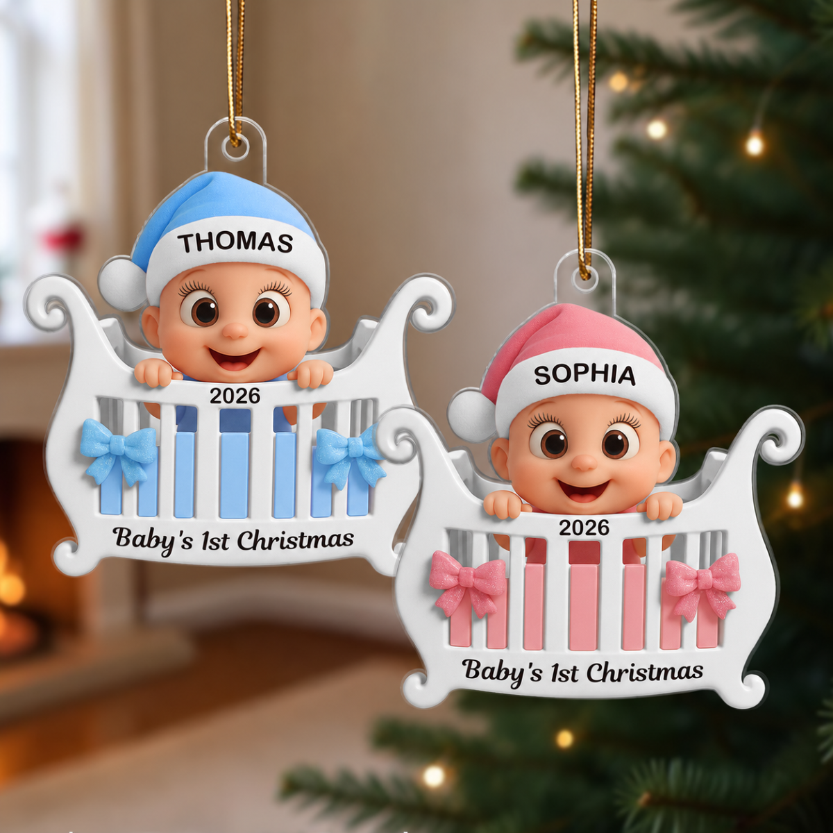 3D Effect Cute Cartoon Baby In Crib Baby's 1st Christmas Personalized Acrylic Flat Ornament