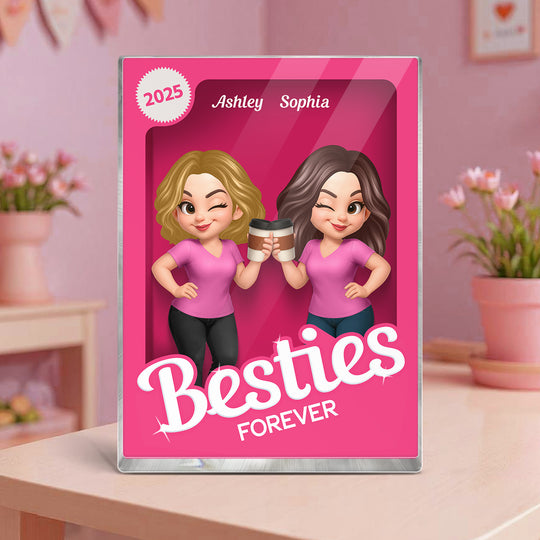 Besties Forever Pink Action Figure 3D Effect - Personalized Acrylic Block Plaque - Gift for Besties, Best Friends