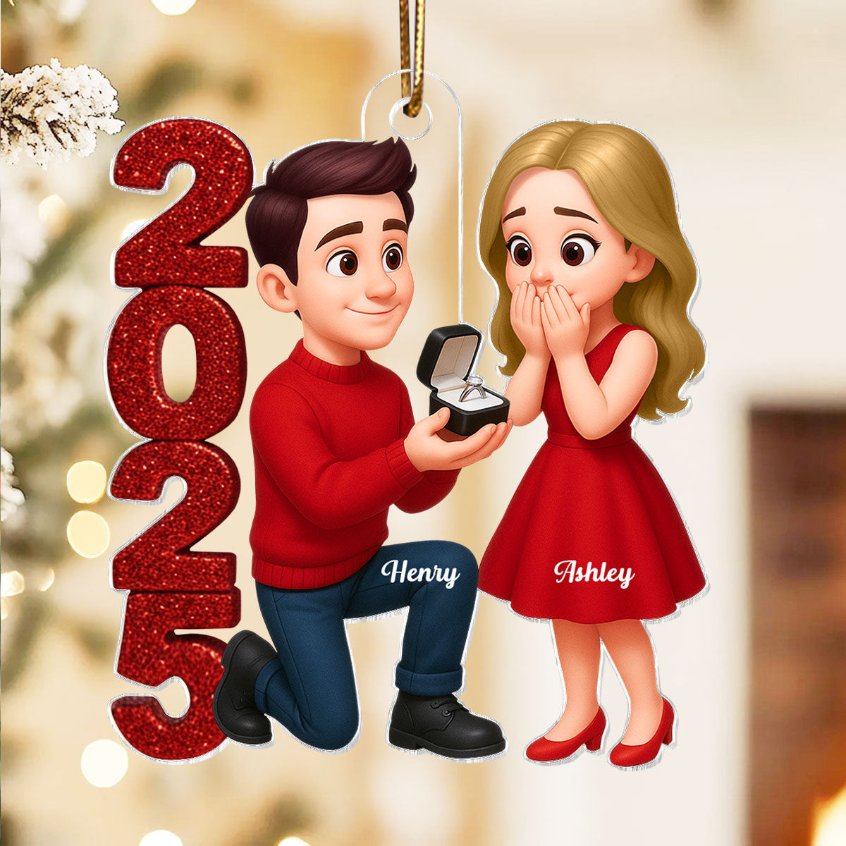 3D Glitter Effect 2025 Marriage Proposal Couple - Personalized Acrylic Ornament - Newly Engaged Gift, "She Said Yes!" Ornament