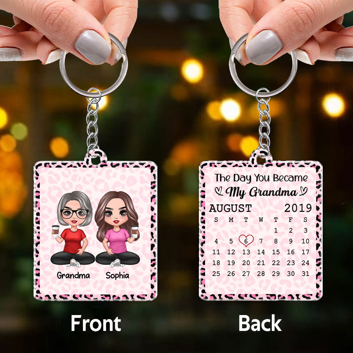 Best Grandma Ever Doll Sitting Grandma Grandkid Calendar Date Pink Leopard Pattern Personalized Acrylic Keychain
