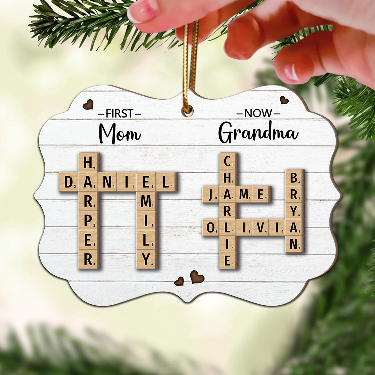 First Mom Now Grandma Crossword Puzzle Art Personalized 2-Layer Wooden Ornament, Christmas Gift For Grandma, Gift For Mom